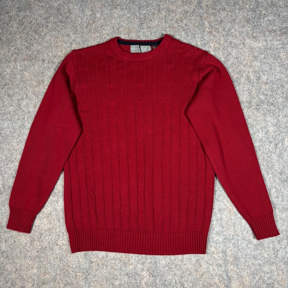 Oscar de la‎ Renta Cable Knit Sweater Mens S Red Crewneck 100% Cotton Pullover